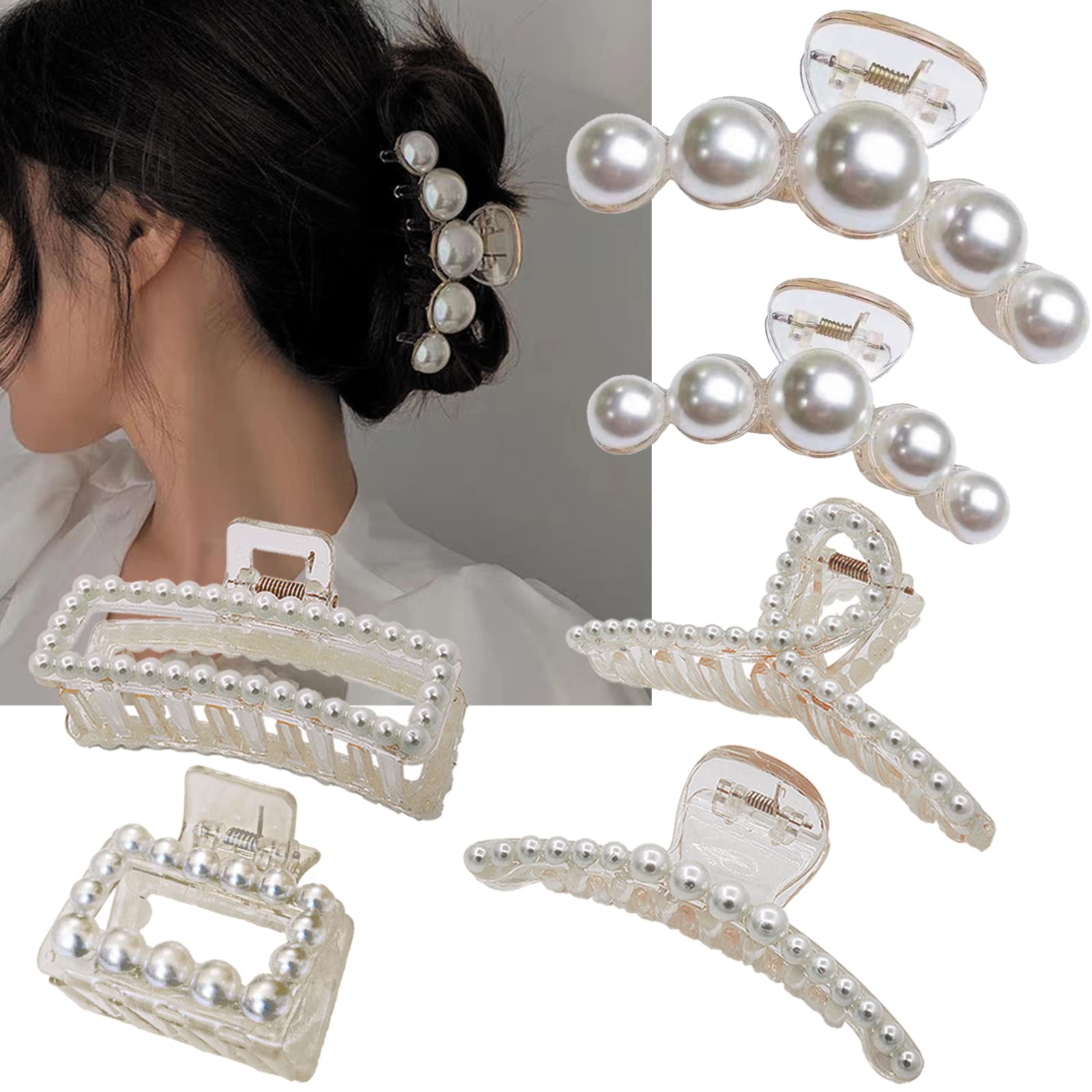 Sisiaipu 6 Pcs Large Pearl Claw Clips Pearl Clips Hair Claw Clips for Thick Hair White Hair Clips for Wedding Nonslip Jaw Clips