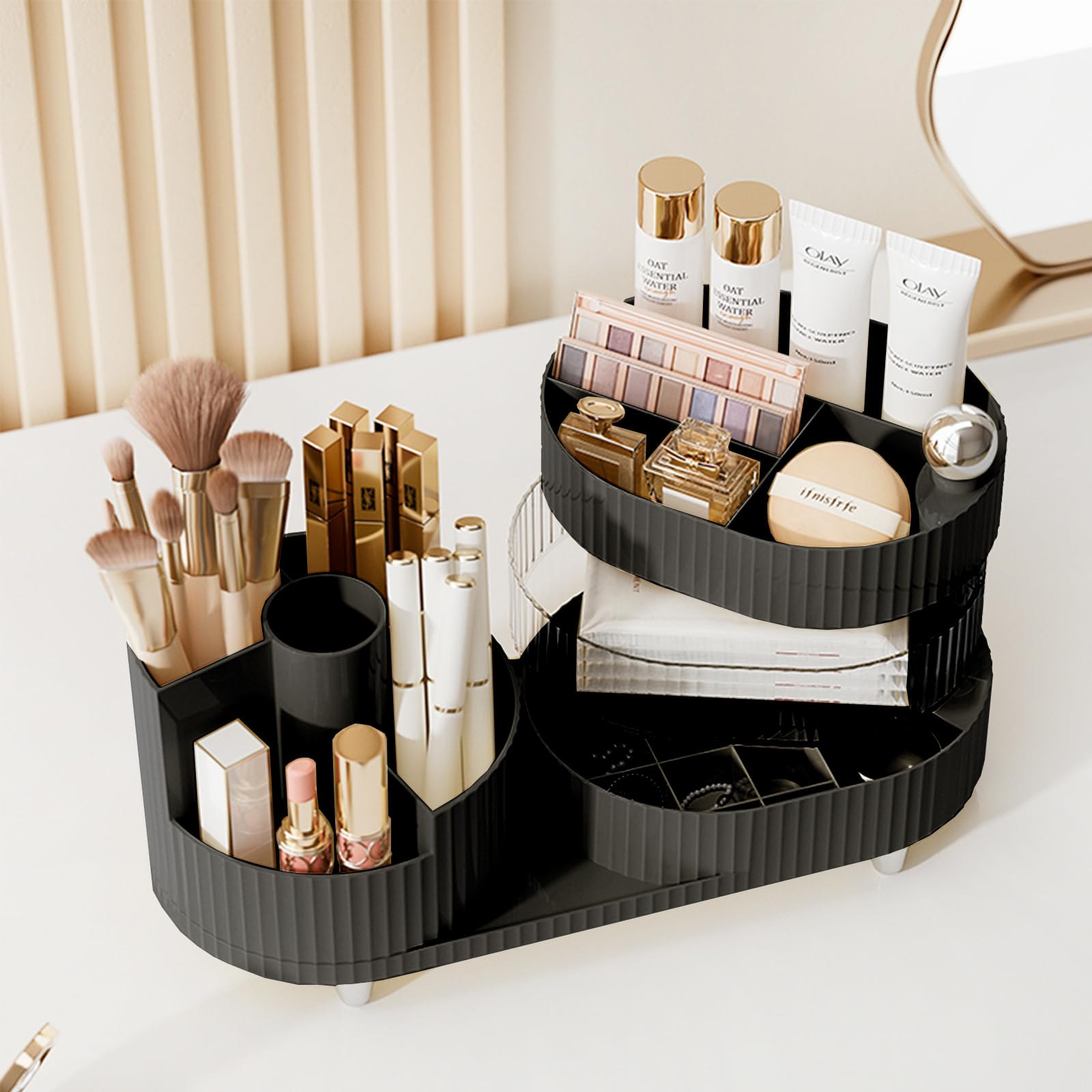Rotating Makeup Organizer For Vanity With Brush Holder, Cosmetic Makeup Storage Organizer, Large Spinning Makeup Skincare Organi