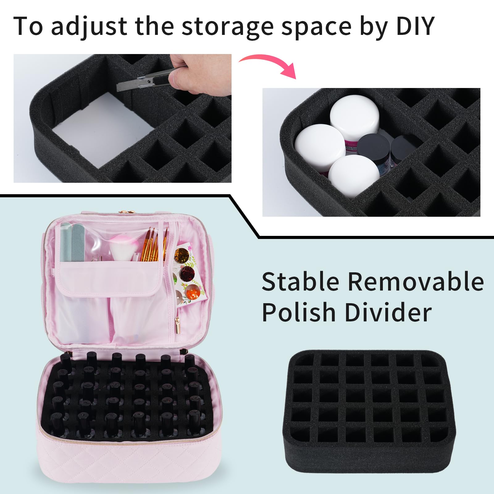 VOFIpremiAm Nail Polish Organizer Case Fits Nail Lamp and 40 Bottles,Nail Organizers and Storage for Nail Tech Travel,Pretty Nai