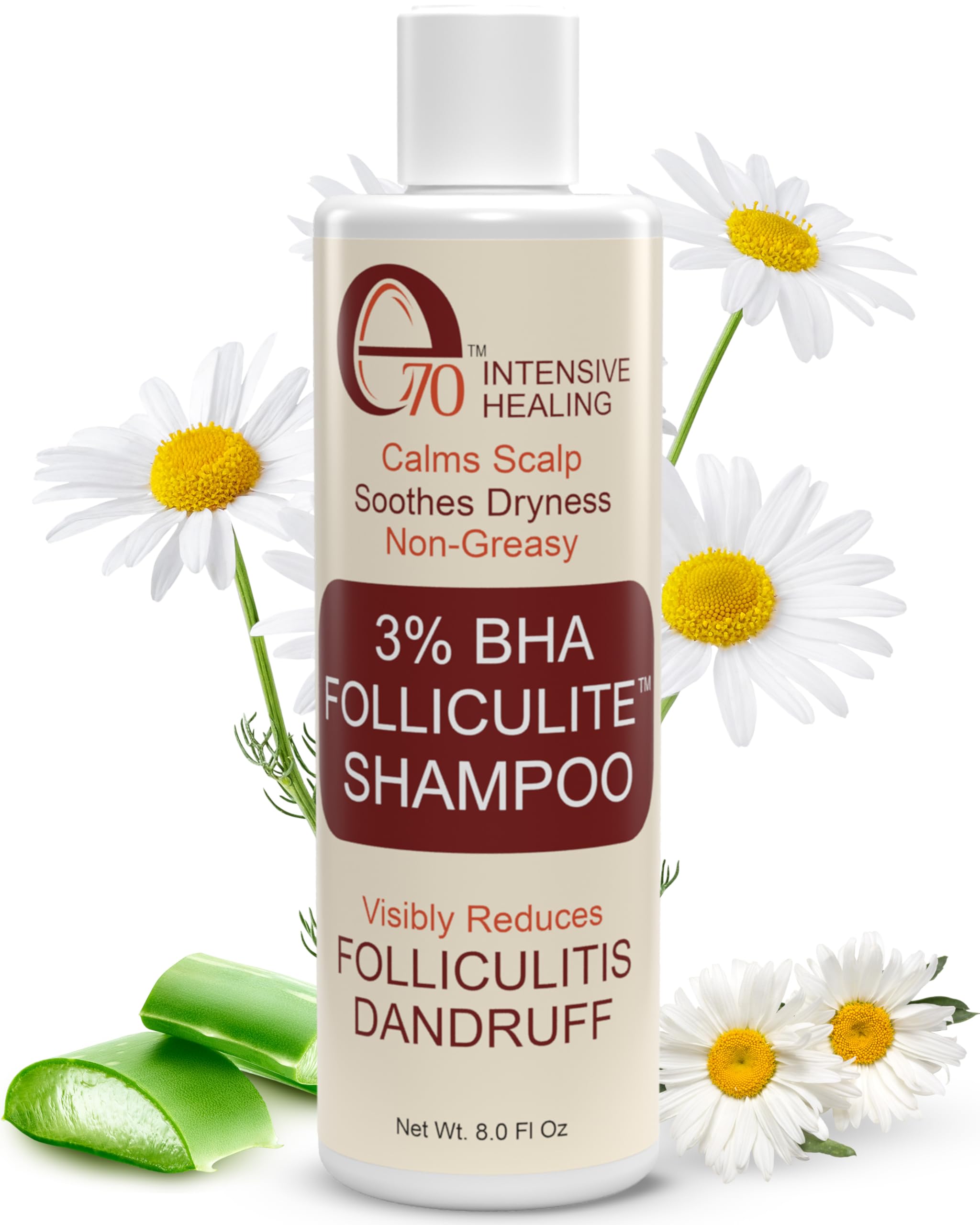 Folliculitis Treatment Shampoo with 3% BHA, Salicylic Acid, Tea Tree Oil & Chamomile Extracts - Anti Itch Shampoo for women & men with Irritated Flaky Scalp Treatment, Made in USA by e70, 8 fl oz