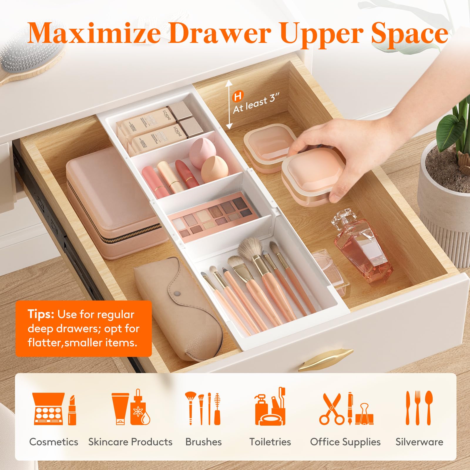 Lifewit Sliding Makeup Drawer Organizer Trays with Inserts, Extendable Hanging Desk Drawer Divider, Fits 13-20 Deep Drawers, 1.8