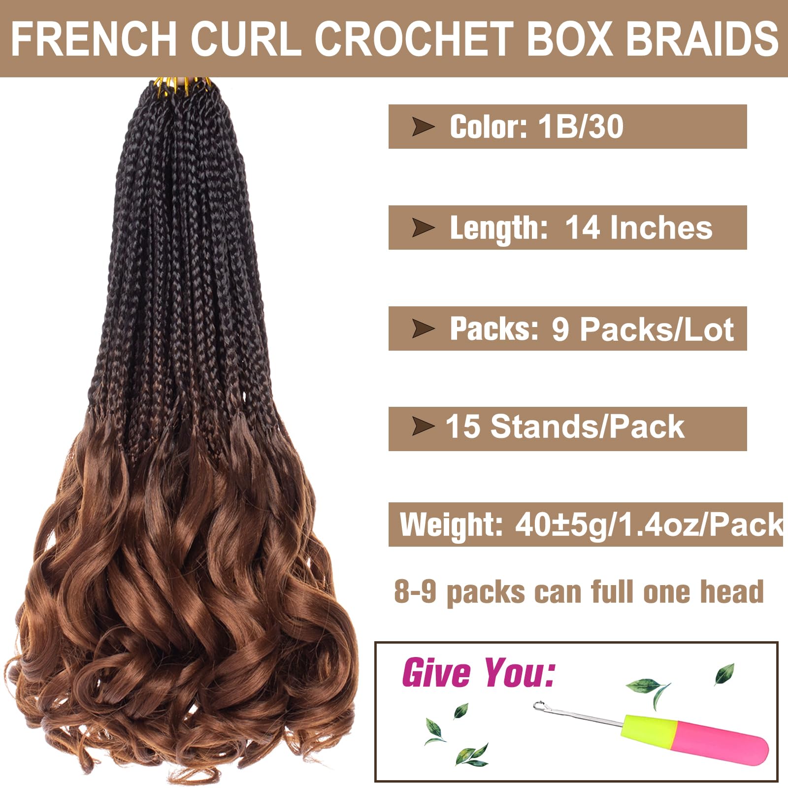 Cookoo 9 Pack 14 Inch Pre Looped French Curly Box Braids Hair Ombre Brown Crochet Box Braid With Curls At The End Loose Curly Sy