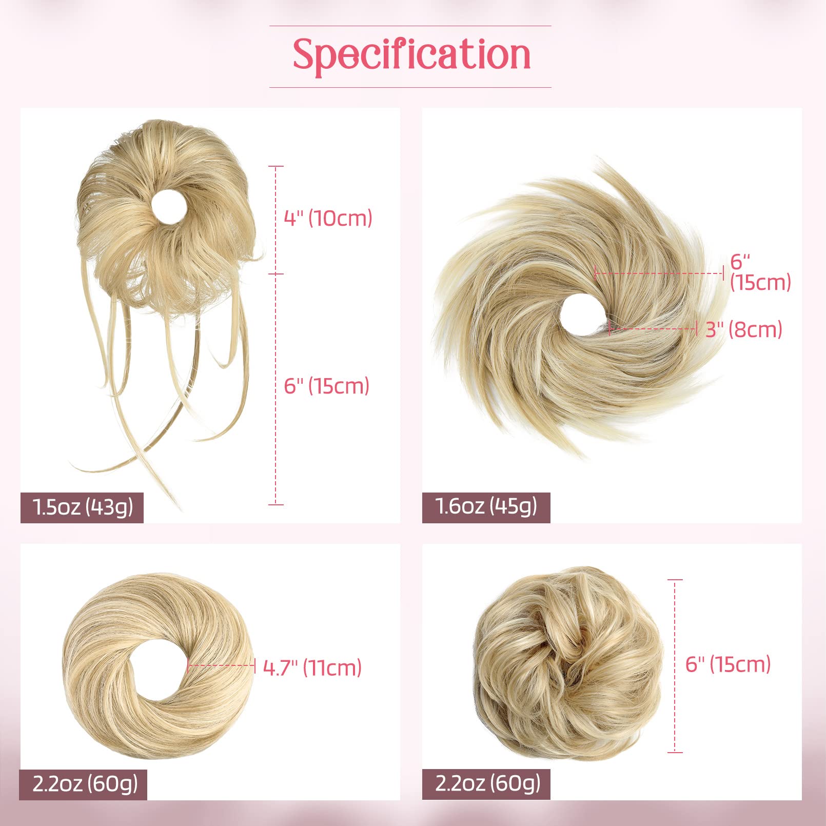 Hoojih Messy Bun Hair Pieces, 4 Pieces Messy Bun Straight Bun Hair Pieces For Women Wavy Tousled Updo Short Ponytail Hair Extens