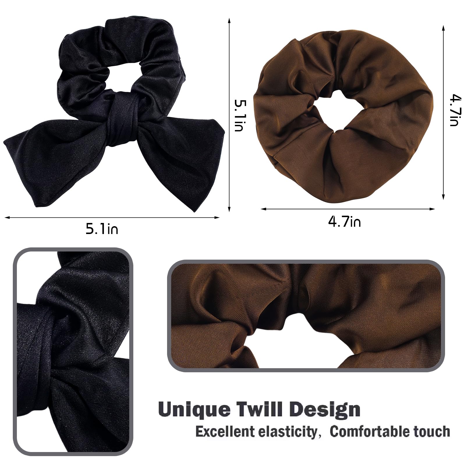 6PCS Satin Silk Hair Scrunchies for Women Girls Big Bow Scrunchies for Thick Curly Long Hair Brown Black Elastic Hair Ties Soft