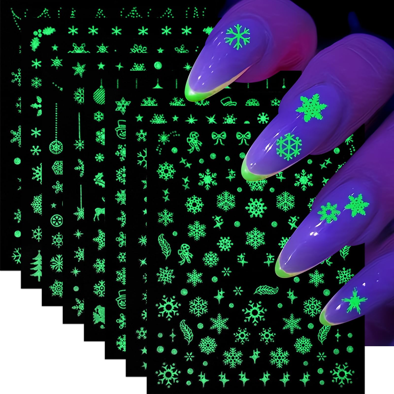 Christmas Grow in The Dark Snowflake Nail Stickers 3D Self-Adhesive Snowman Santa Elk Nail Decals Luminous Christmas Tree Snowba
