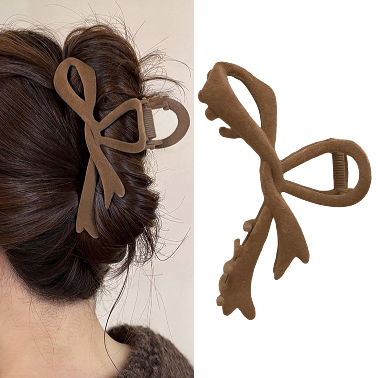 Brown Hair Claw Clips for Women Winter Hair Clips Bow Hair Barrettes Brown Velvet Hair Pins French Hair Claw Clip for Thick Thin