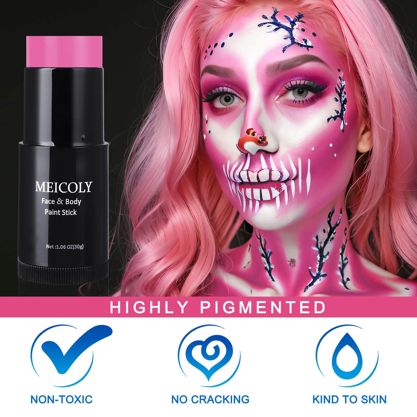 Meicoly New Pink Halloween Face Paint Stick(1.06 Oz),Cream Blendable Full Body Paint Stick,Sweatproof Waterproof Face Body Paint