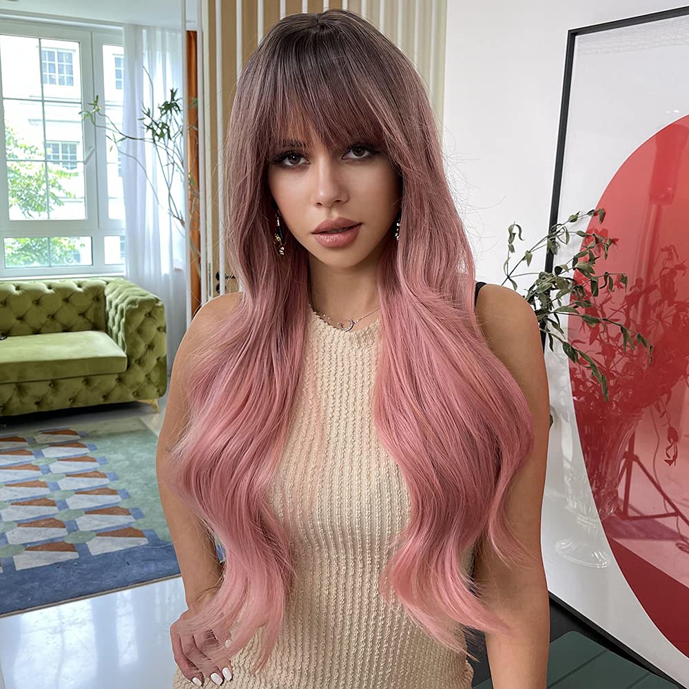 Jooler Pink Wig With Bangs Ombre Pink Wigs For Women Long Wavy Wigs Cute Pink Light Cosplay Party Wig Heat Resistant Dark Roots