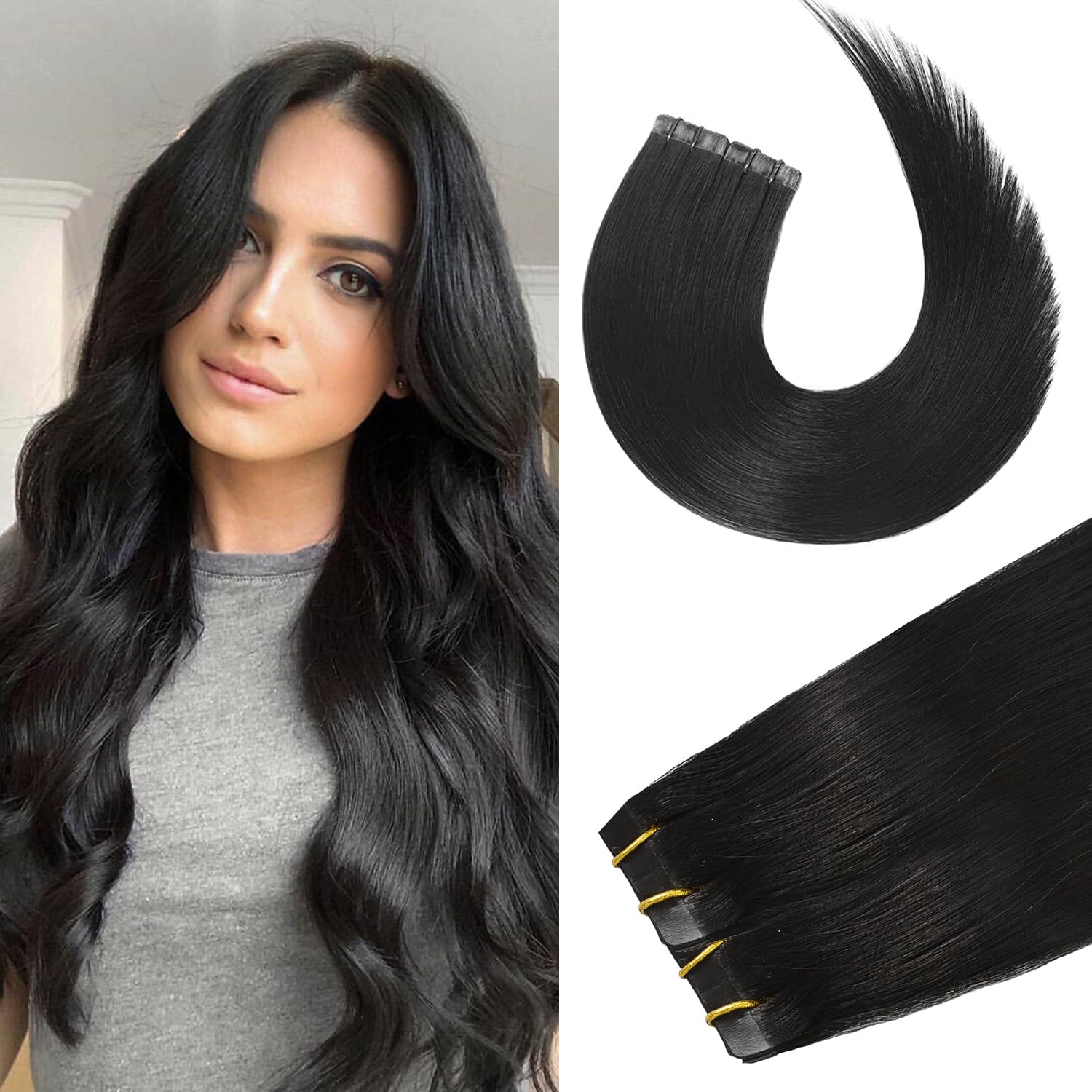 Black Tape In Human Hair Extensions Real Human Hair Invisible Tape In Hair Extensions Human Hair For Women 20/Pcs With 30 Gram (