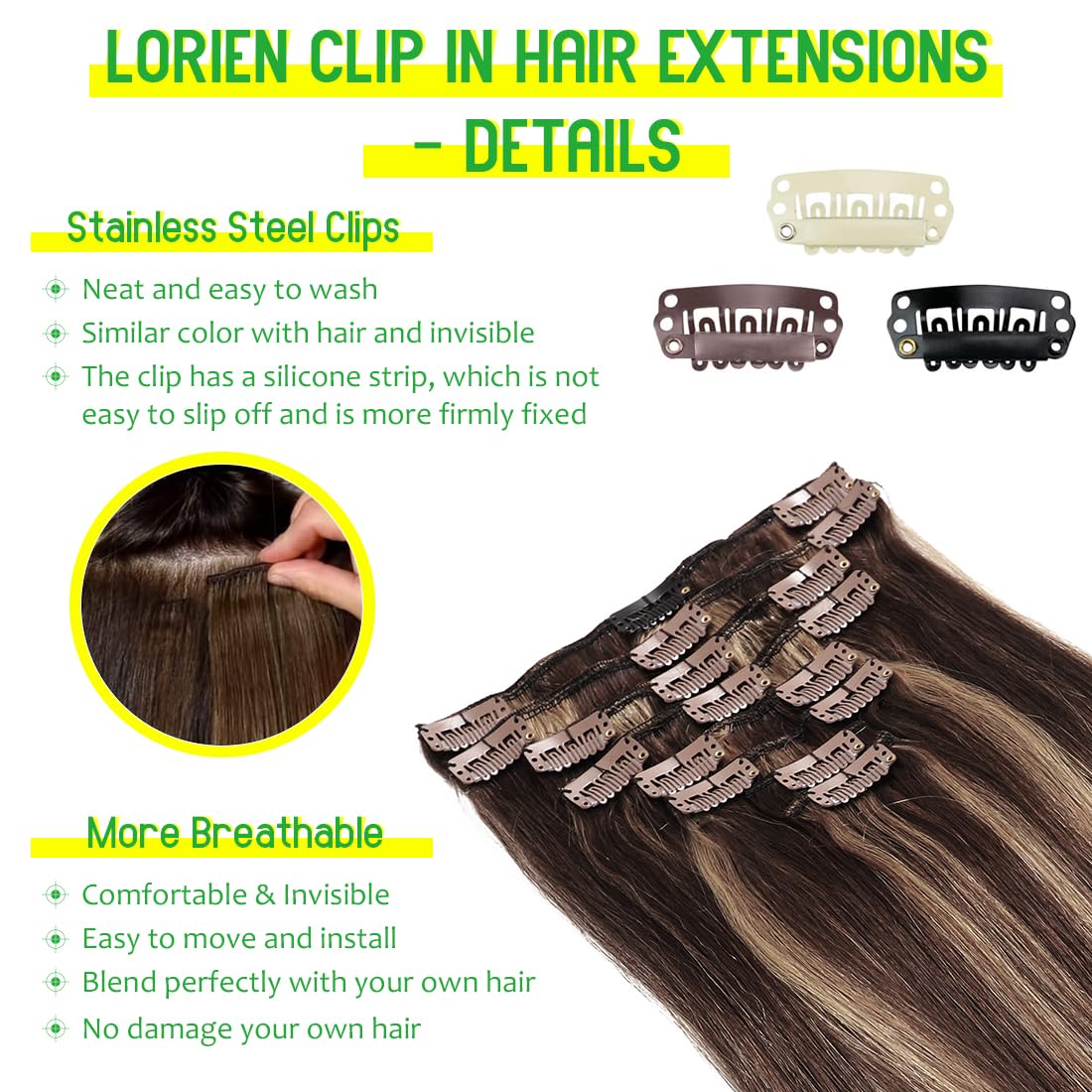 Lorien Clip In Hair Extensions Real Human Hair, 22 Inch 110G, 2/6 Dark Brown To Chestnut Brown, Clip In 100% Brazilian Remy Huma