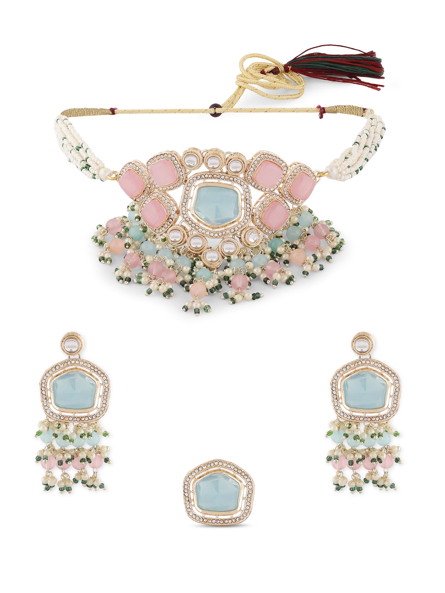 Zaveri Pearls Turquoise Blue & Pink Kundan Stones & Beads Choker Necklace Earring & Ring Set For WomenZpfk16582