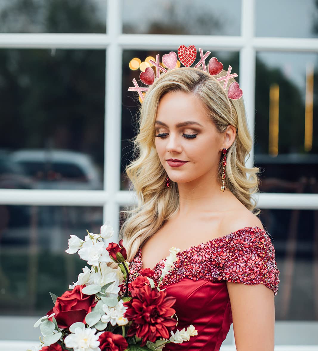 Heidkrueger Valentine'S Day Headbands Rhinestone Glitter Love Heart Hairband Valentines Xo Heart Crown Hair Hoop For Wedding Eng