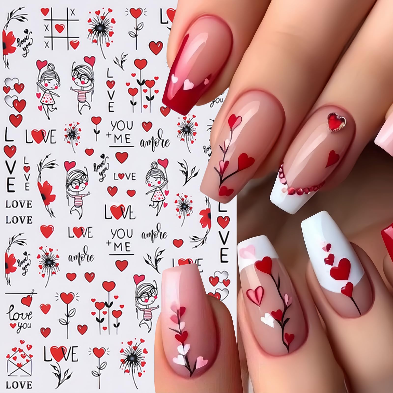 Valentine'S Day Colorful Heart Nail Stickers 3D Self-Adhesive Nail Decals Sexy Lips Flower Nail Supplies Red Rose Flower Cute Ca
