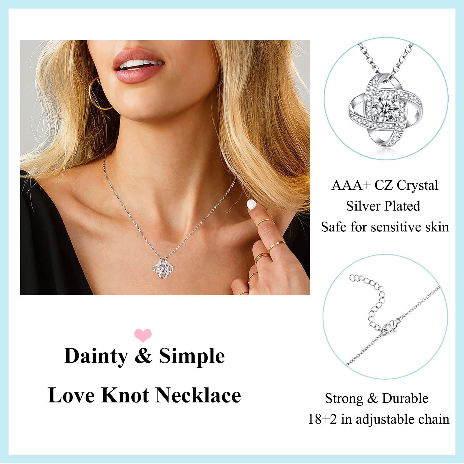 UNGENT THEM Silver Love Knot Necklace, Women's Hypoallergenic Stainless Steel Stepdaughter Gift for Birthday, Graduation, Christ