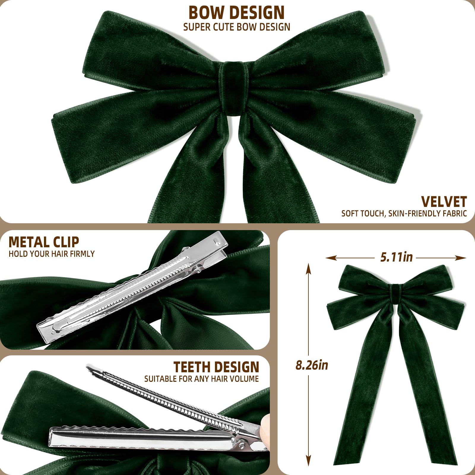 2Pcs Green Hair Bows Soft Velvet Bow Hair Clip With Long Tail Hair Accessories For Women Girls Toddlers Teen Girl Christmas Gift