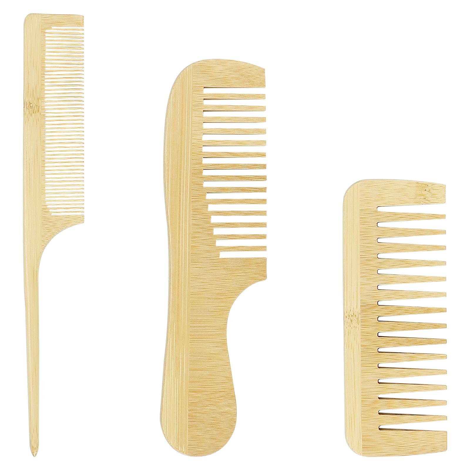 3 pcs Natural Handmade Bamboo AntiStatic Combs Set Natural Wooden Combs Wide Tooth, Rat Tail and Fine Tooth for Hair, Beard, Tr