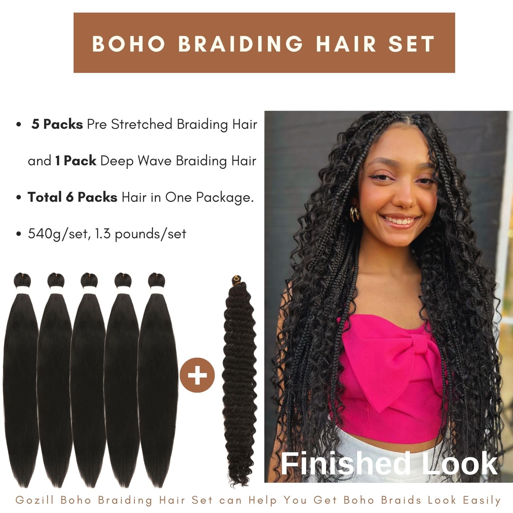 Gozill Black Braiding Hair Pre Stretched Kanekalon Braiding Hair For Boho Braids(6 Pakcs)