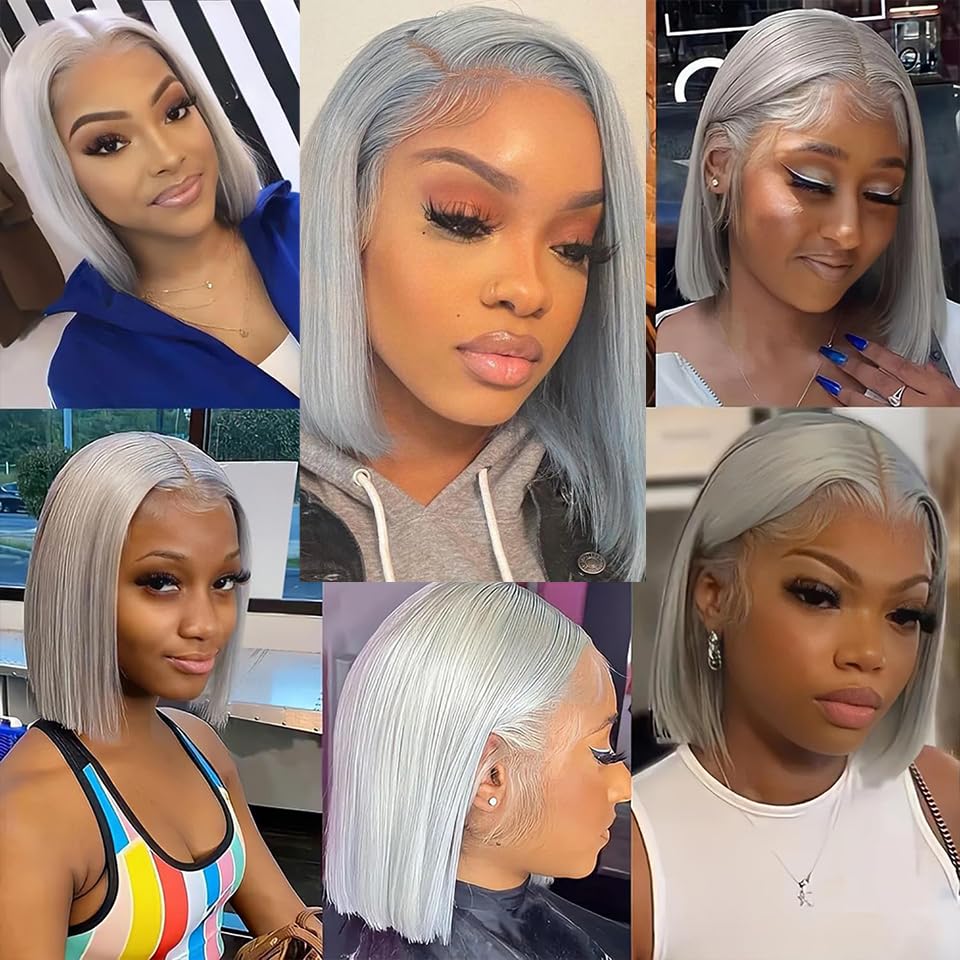 13X4 Grey Hd Lace Front Wig Human Hair 16 Inch Silky Straight Grey Bob Wigh Human Hair Transparent Lace Frontal Wigs For Women P
