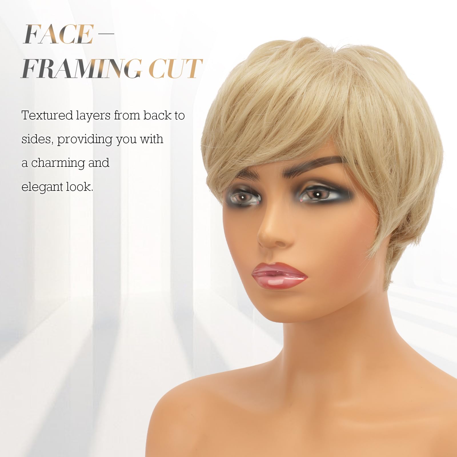 Feshfen Pixie Cut Wigs Synthetic Short Blonde Pixie Haircut Wig With Bangs Glueless Layered Wig Wavy Wigs For Women