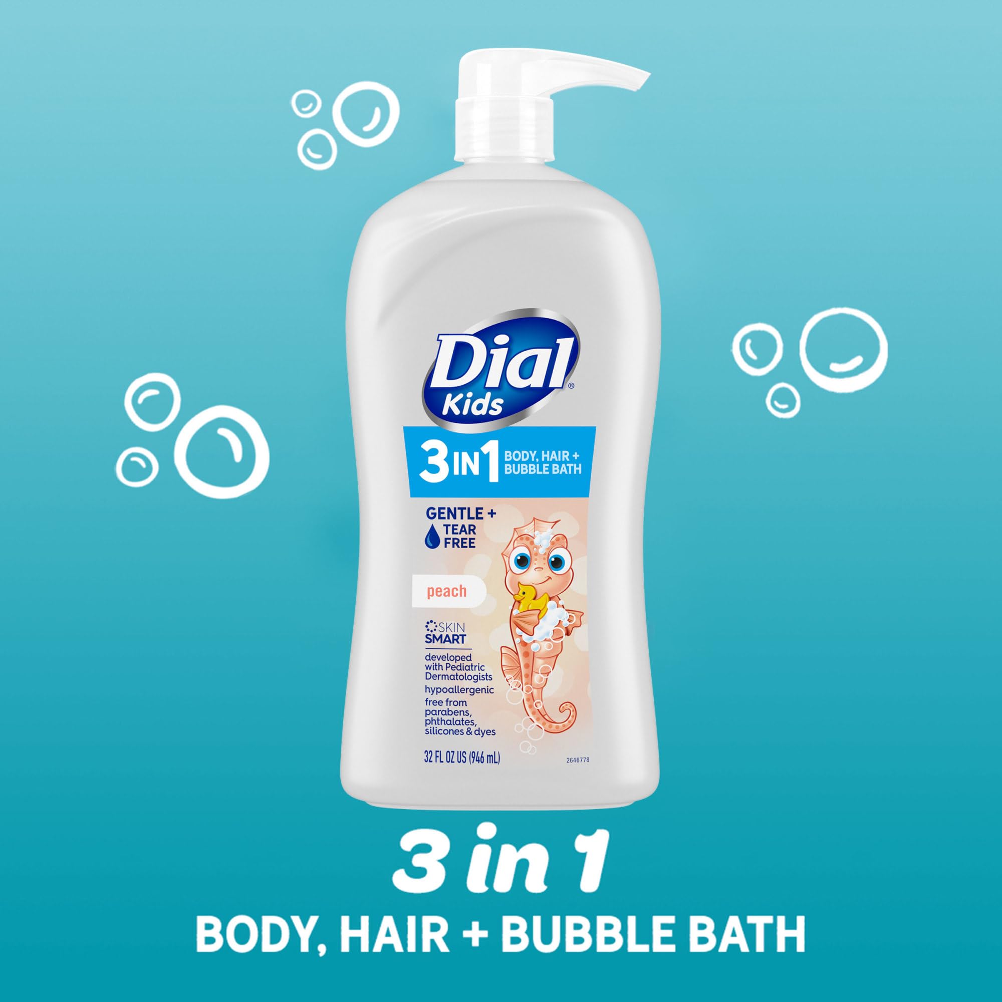 Dial Kids 3-In-1 Body+Hair+Bubble Bath, Peach, 32 Fl Oz
