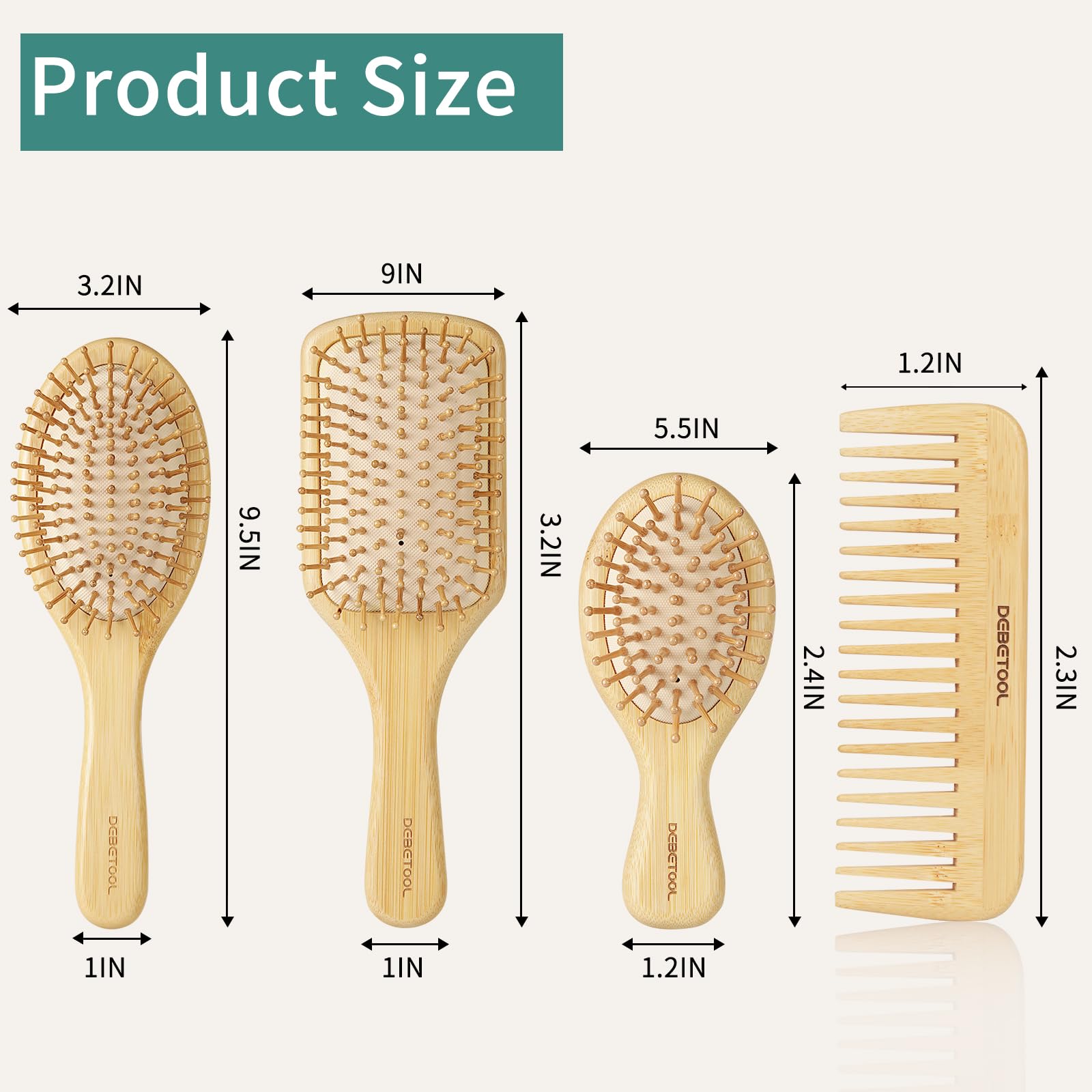 DEBETOOL Bamboo Hair Brush Set, Natural Wooden Bamboo Comb Paddle Detangling Hairbrush for Hair Growth - Wide-tooth and Tail Com