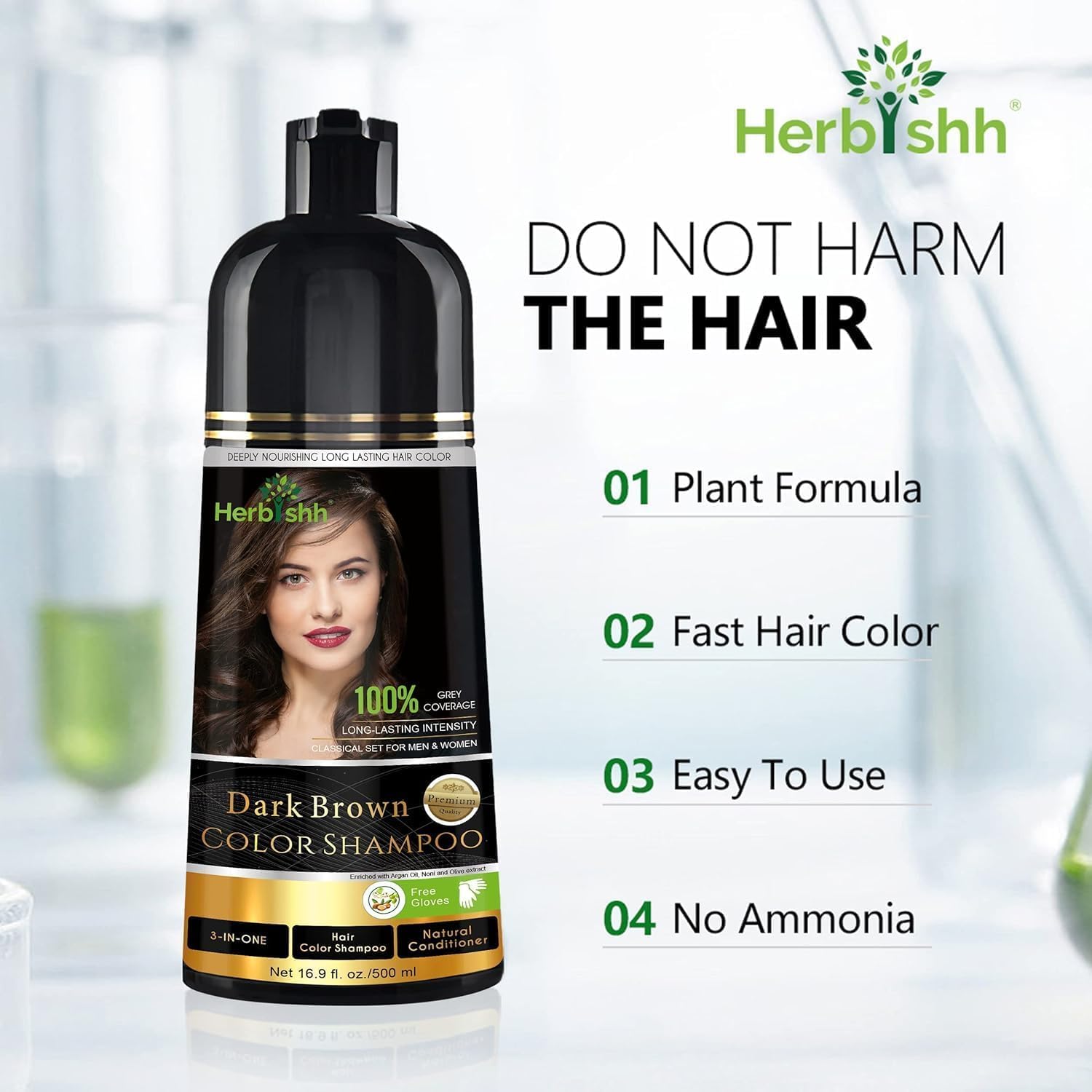 Hair Color Shampoo for Gray Hair, Dark Brown, 500ml with Color Stain Remover Wipes, Ammonia Free