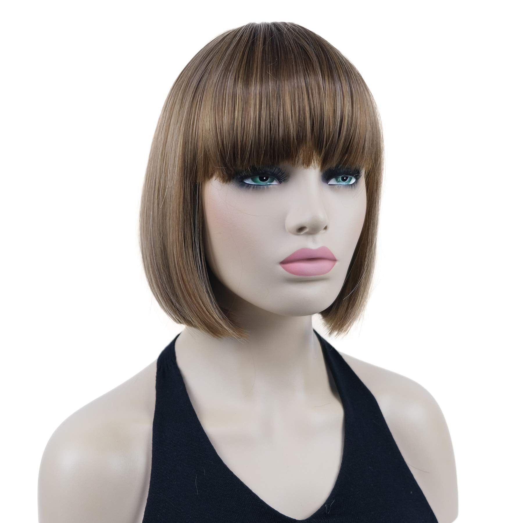 Lydell 8'' Straight Short Bob Hair Flat Bangs Cute Central Dot Skin Top Heat Resistant Synthetic Wigs (V6 Light Reddish Brown Wi