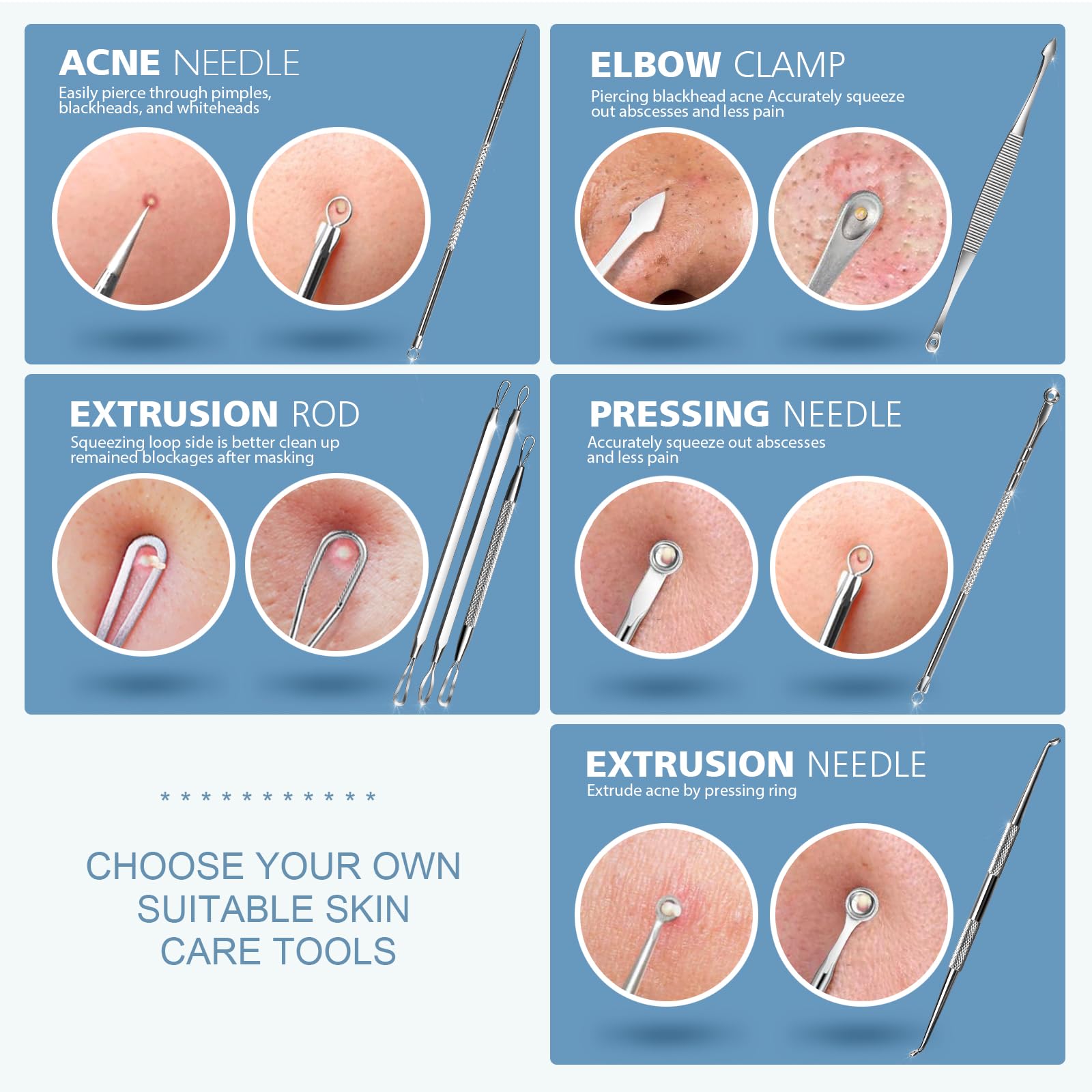 Teenitor 7 in 1 Pimple Popper Tool Kit - Stainless Steel Blackhead Remover Set, Silver