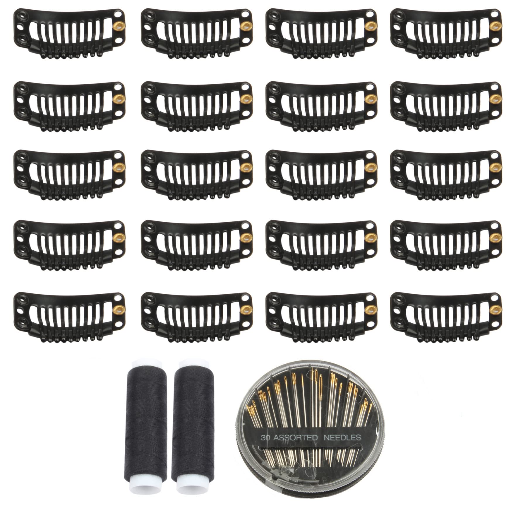 30pcs 9 Teeth Stainless Steel Snap Comb Wig Clips, Hair Extension Clips, Wig Accessories Clip with 30 Assorted Sewing Needles an
