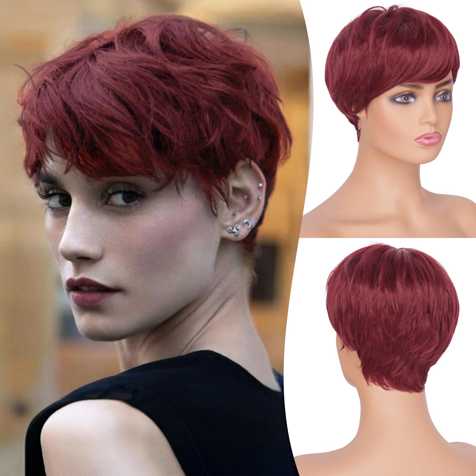 FESHFEN Pixie Cut Wigs Synthetic Short Burgundy Pixie Haircut Wig with Bangs Glueless Layered Wig Wavy Wigs for Women