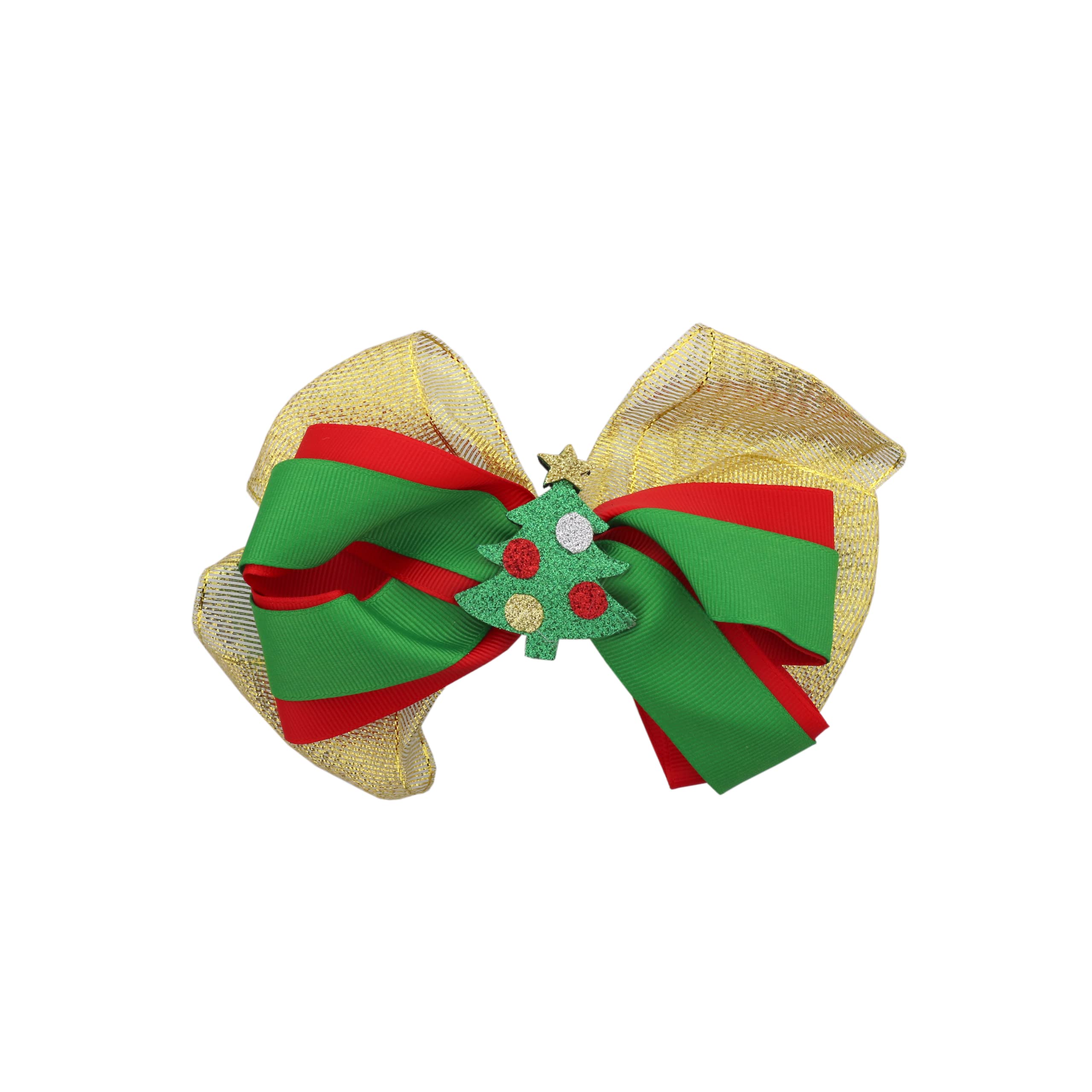 Hair Bow with Christmas Tree Tinsel Bow - Gold