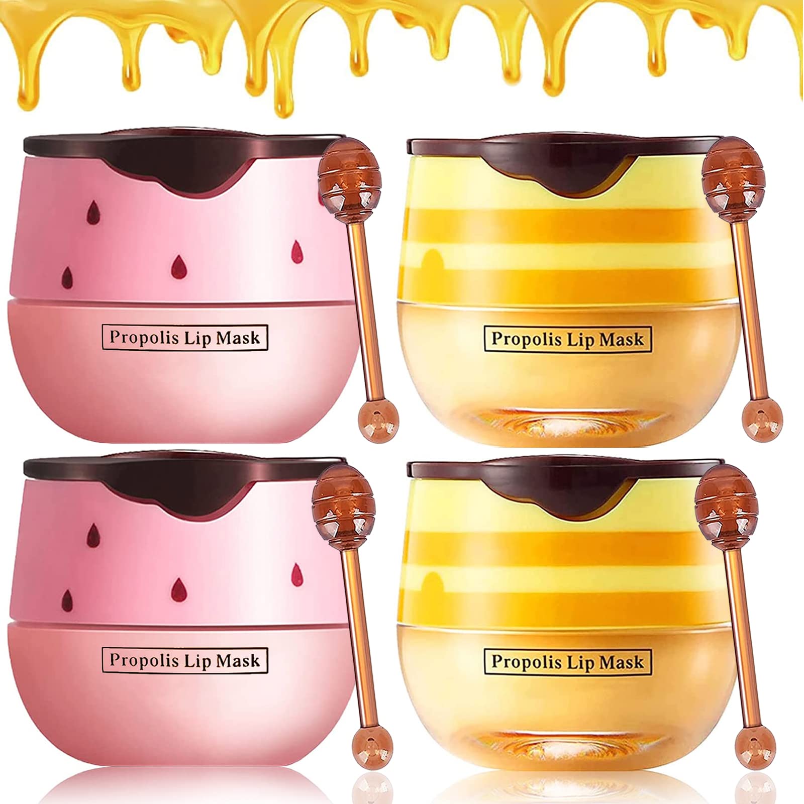 4 Pack Honey & Strawberry Lip Mask Lip Balm Honey Pot Propolis Lip Mask Moisturizing Hydrating Prevention Dry and Cracked Lip Sc
