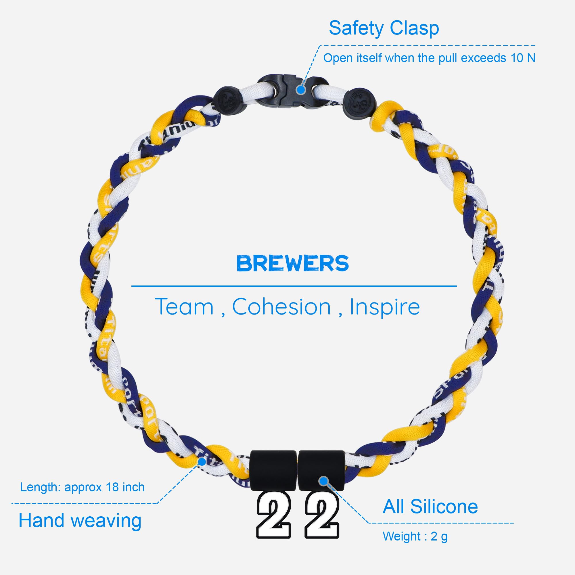 SUPBOMM Baseball Rope Necklaces, League Team Colors Braided Necklace with Number Pendant, Baseball Team Gifts, MILBrewers, No. 2