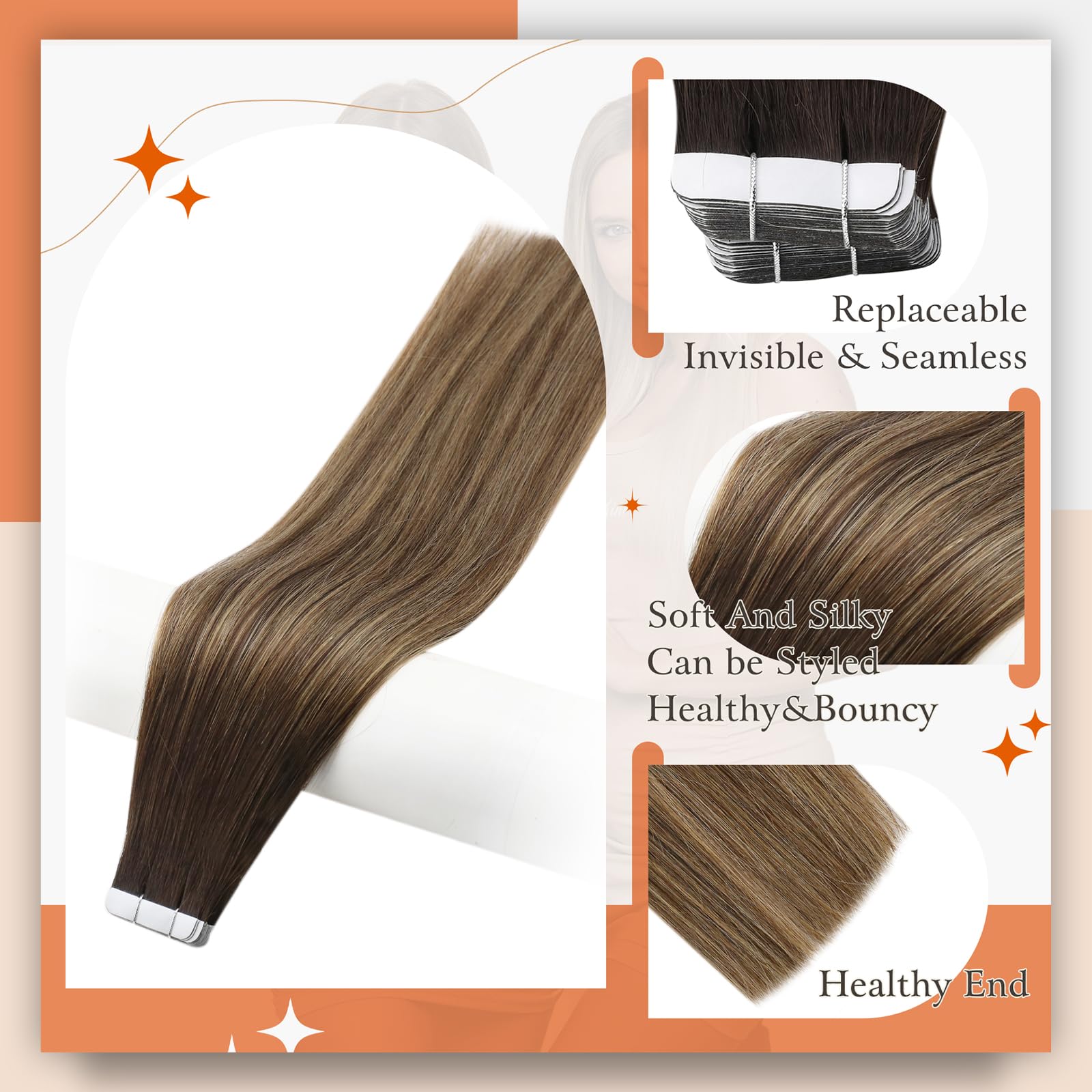 Full Shine Tape In Extension 22 Inch Tape In Human Hair Extensions 50Gram Color 2 Dark Brown To 27 Honey Blonde Mixed 3 Brown In