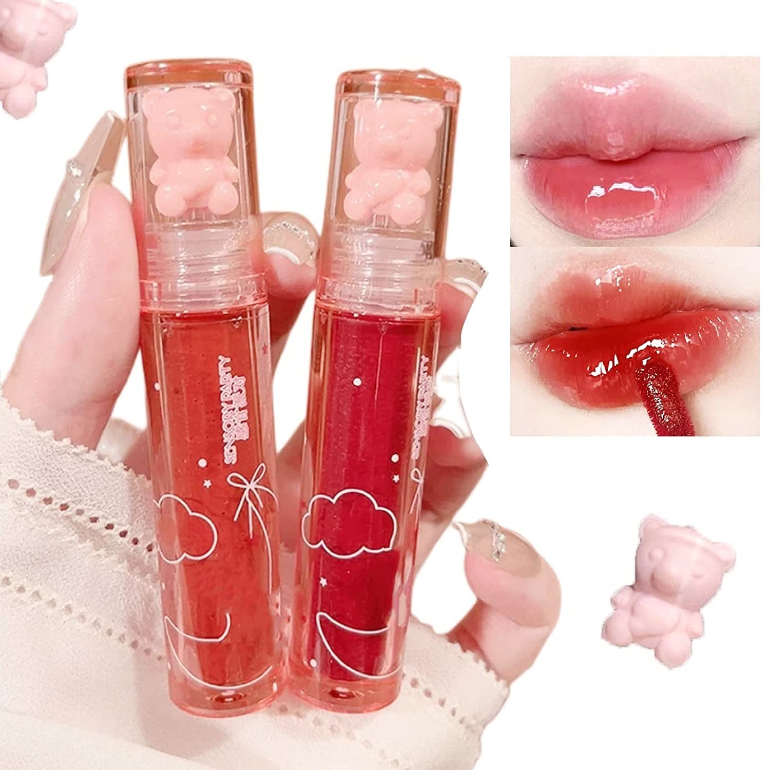 New Irven 2Pcs Bear Lip Glaze Jelly Lipstick,Liquid Lipstick Cute Bear Lipgloss Moisturizing Lip Stain Plumping Water Lip Gloss