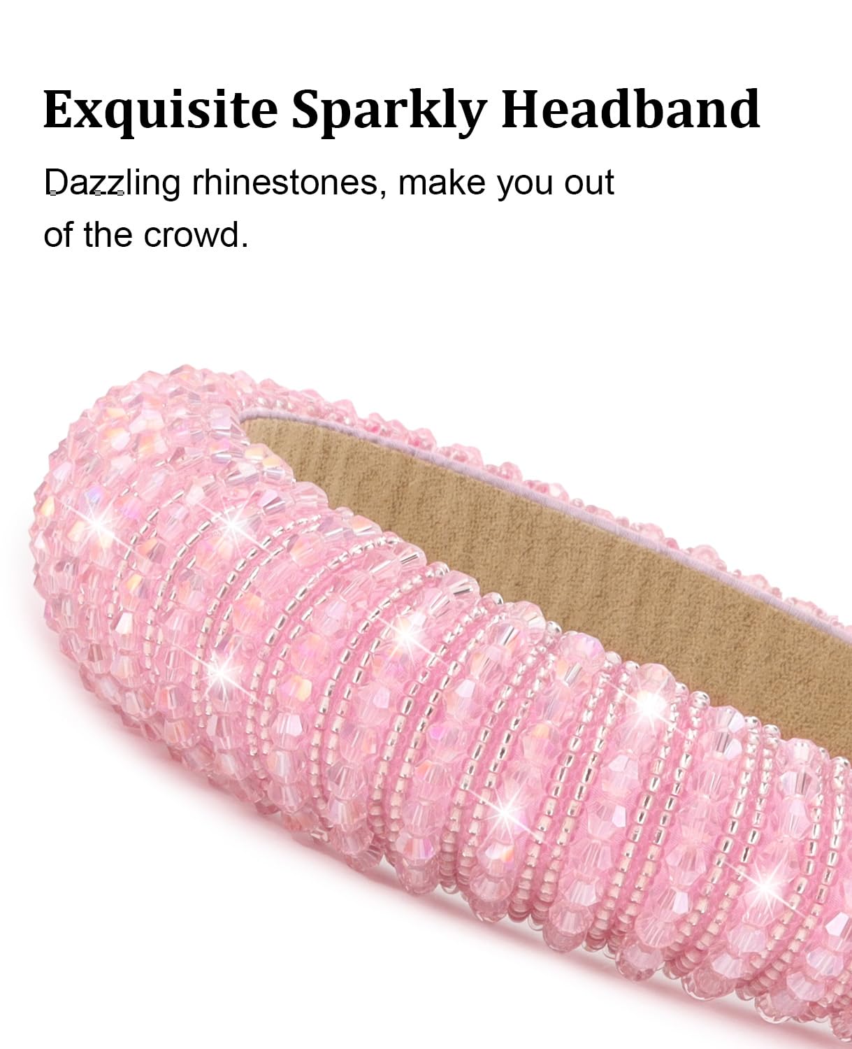 Wecoe White & Pink Rhinestone Headbands, 2pcs Fashion Cute Bling Sparkly Diamond Padded Thick Puffy Hair Bands for Women & Girls