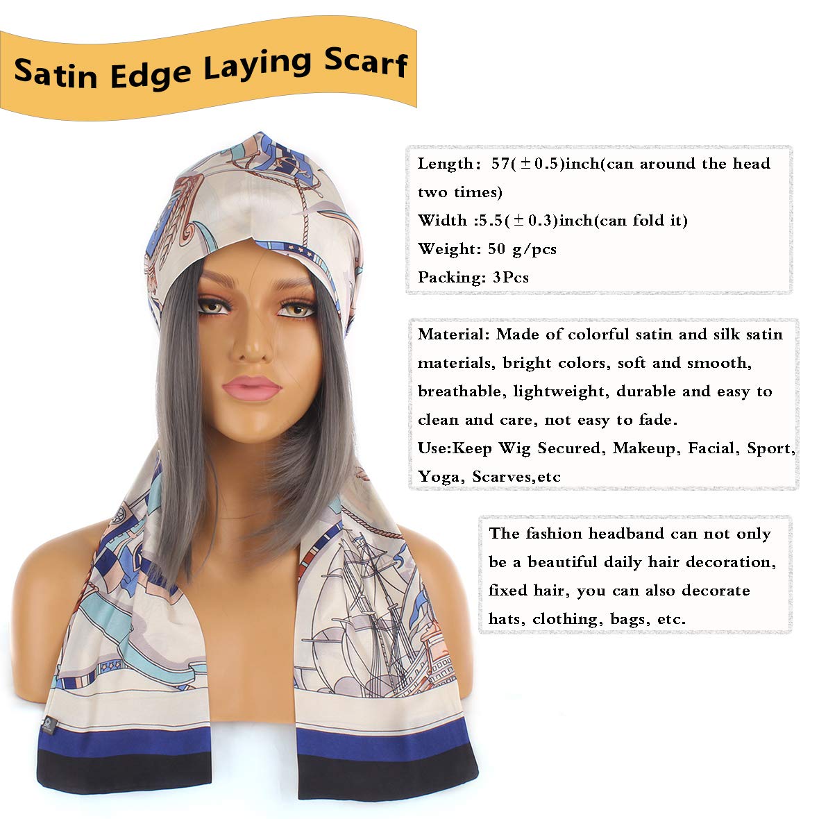 Leeven 3 Pieces Satin Edge Laying Scarf For Lace Wigs Non Slip Printed Headband Scarf For Hair Wrapping At Night 57''X5.5'' Silk