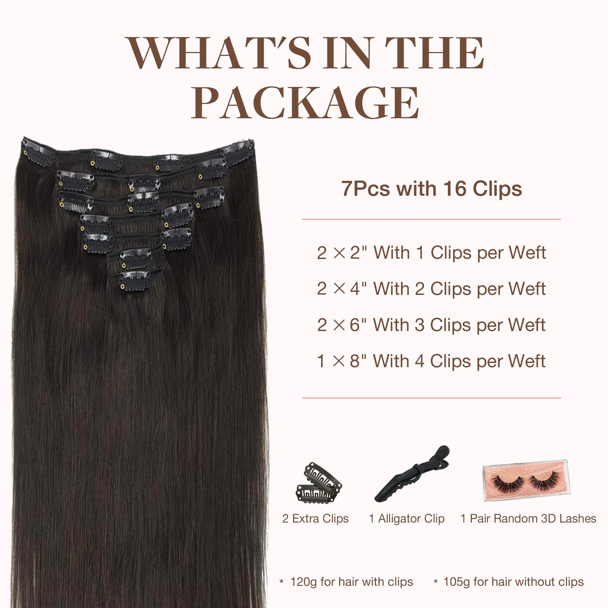 GOO GOO Clip in Hair Extensions Real Human Hair, 14inch 120g 7Pcs, 2 Dark Brown, Remy Human Hair Extensions Clip ins for Women,