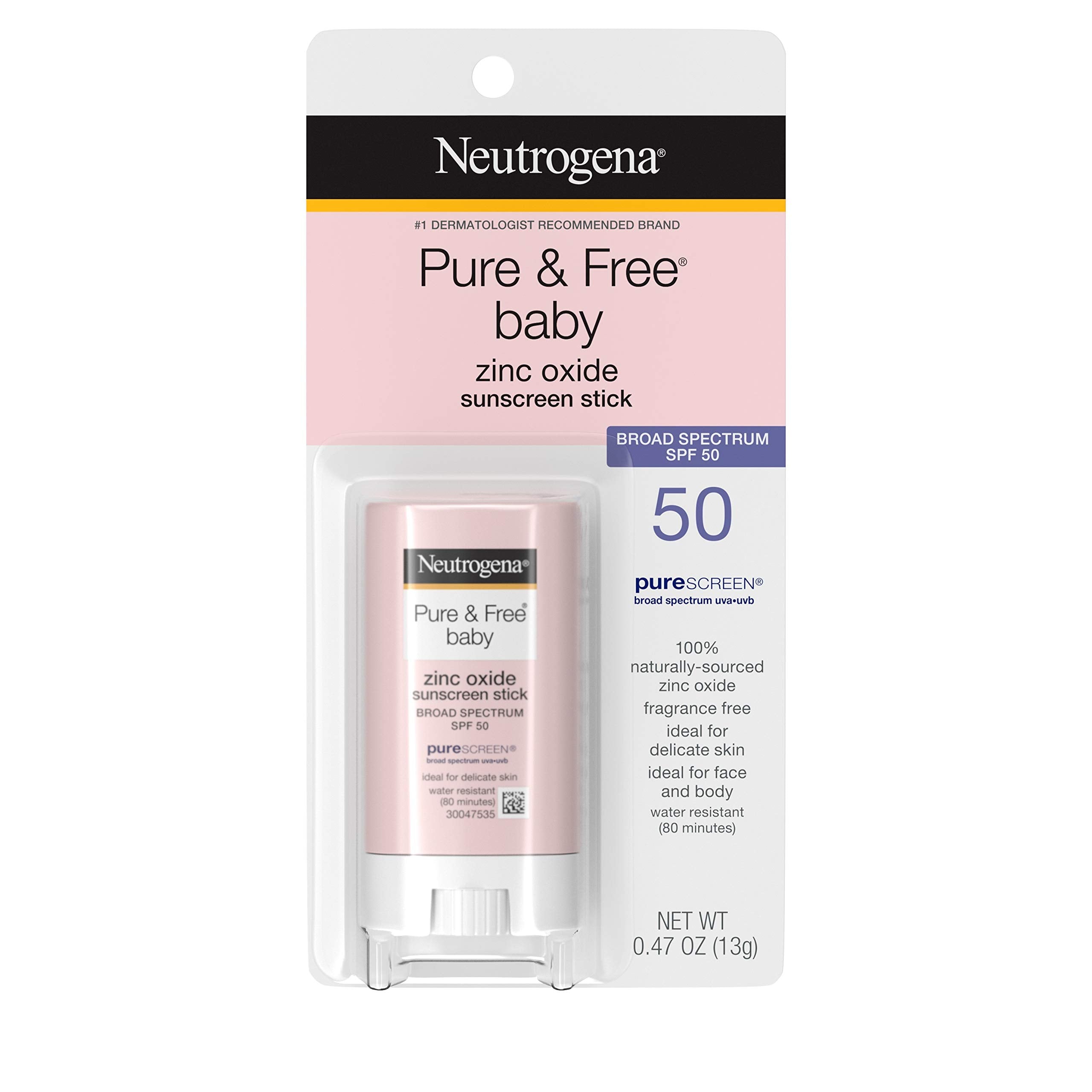 Neutrogena Pure & Free Baby Mineral Sunscreen Stick With Broad Spectrum Spf 50 & Zinc Oxide, Water-Resistant, Hypoallergenic, Pa