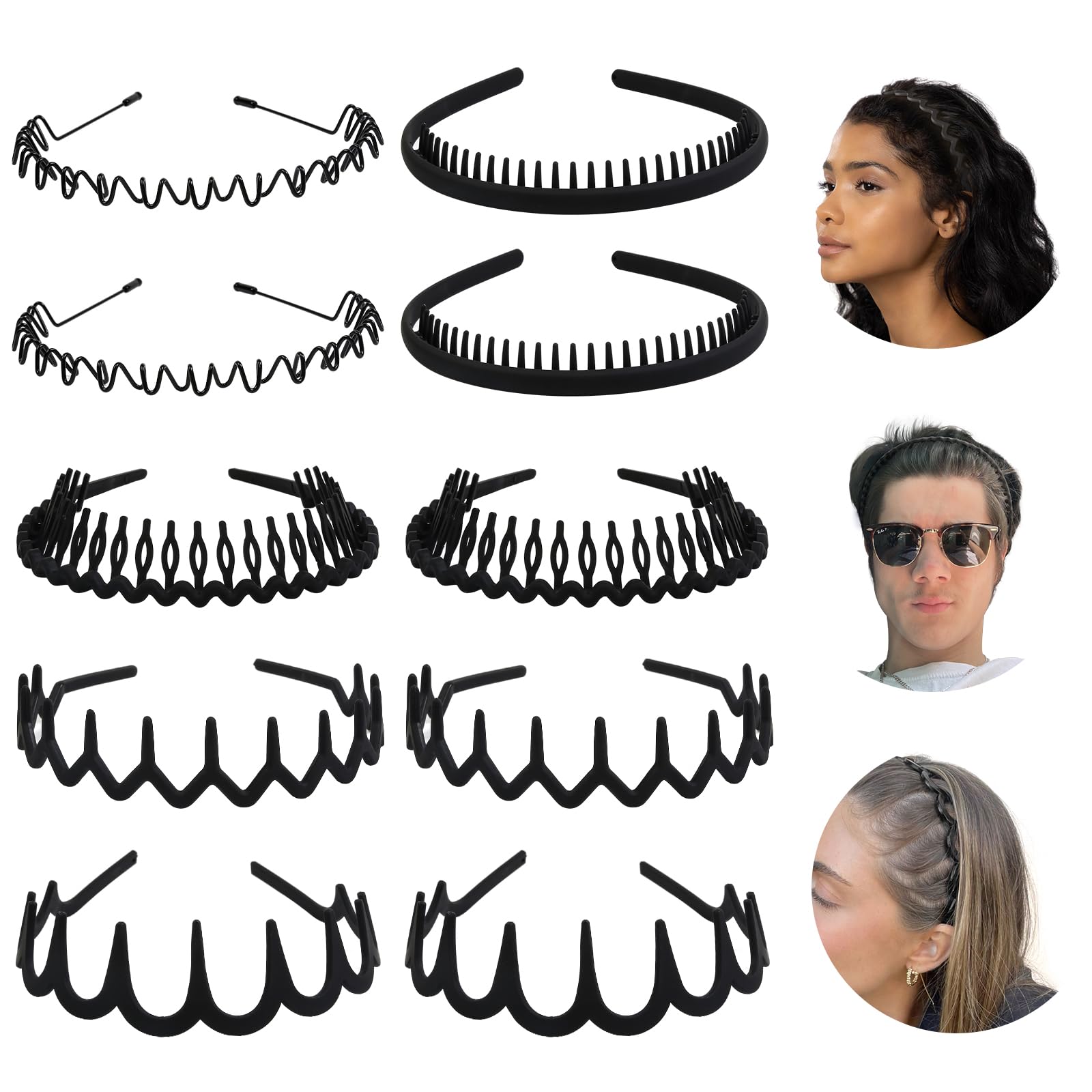 WOVOWOVO Plastic Hair Bands with Teeth, 10 Packs Headbands for Women Girls Teens (Style Black)