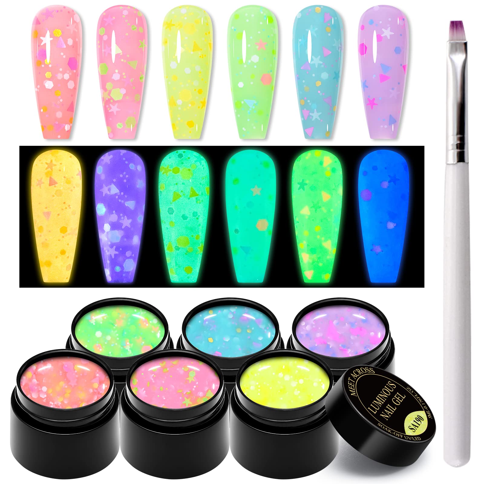 MEET ACROSS 6 Colors Candy Luminous Gel Nail Polish Set, Glow in Dark Nail Gel Polish with Nail Brush, Cute Luminous Gel Nail Po