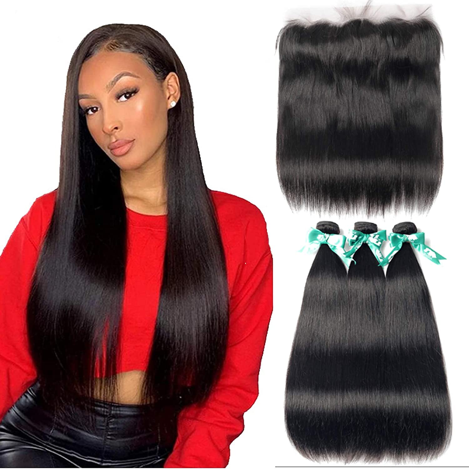 Beauhair Straight 3 Bundles with Frontal (24 24 24+20 Frontal) 13x4 Ear to Ear Lace Frontal with Bundles Unprocessed Virgin Huma
