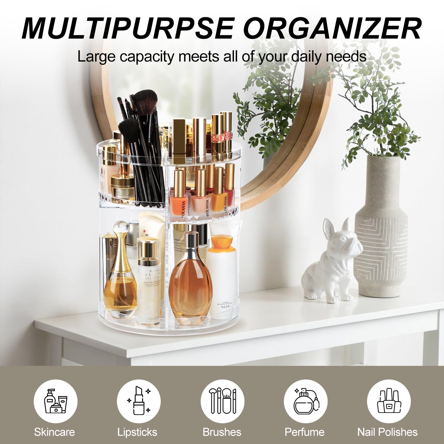 Ameitech Rotating Makeup Organizer, 360 Spinning Skincare Organizers, 8 Adjustable Layer Cosmetic Storage Case With Brush Holder