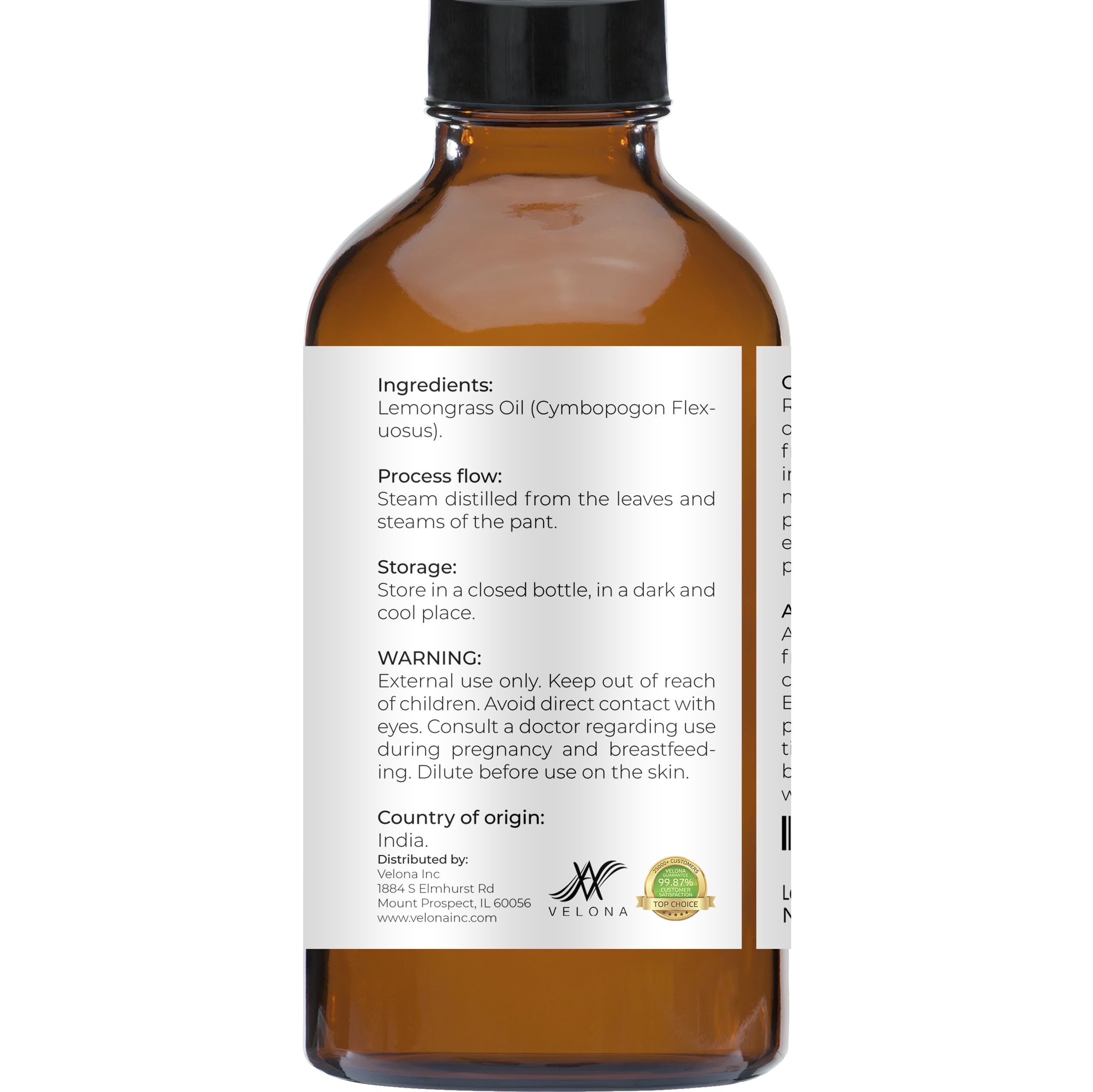 Lemongrass Essential Oil By Velona - 4 Oz | Therapeutic Grade 100% Pure And Natural | For Aromatherapy Diffuser, Massage, Skinca