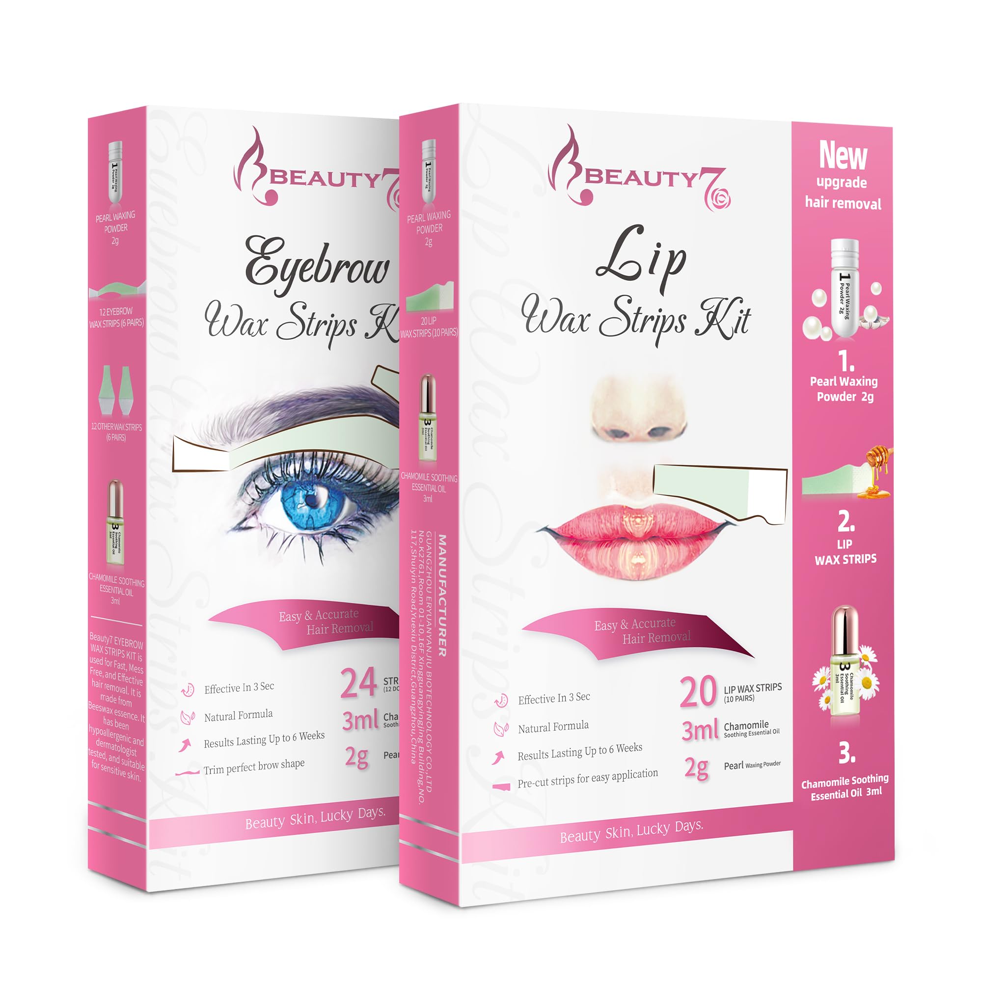 Beauty7 Wax Strips Kit, 2 SETS IN ONE PACKAGE. Eyebrow & Lip Facial Hair Removal with Pearl Powder Essential Oil for All Skin Ty