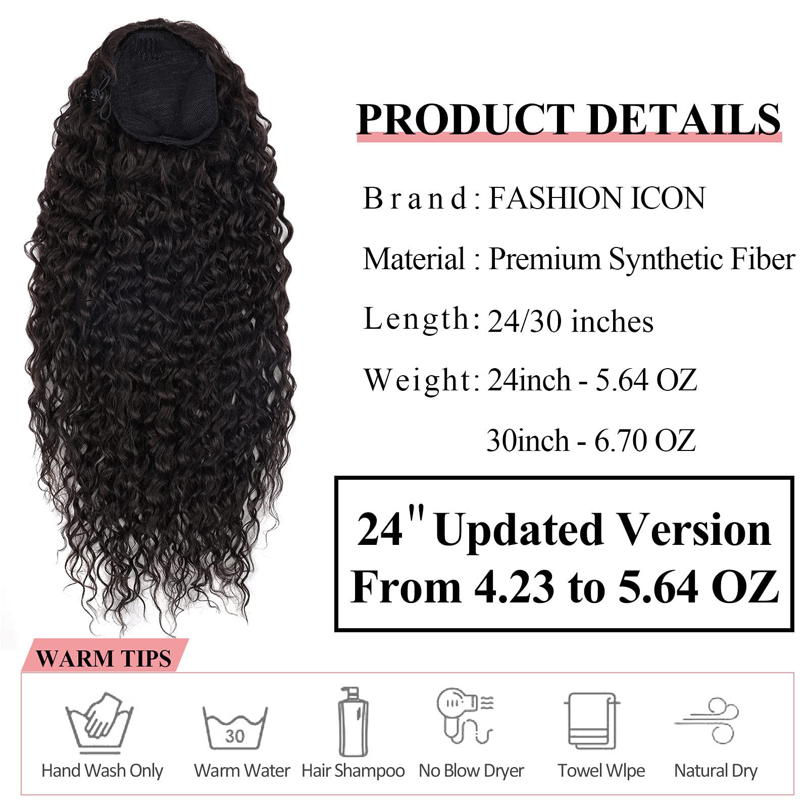 Long Curly Drawstring Ponytail Extension 24Inch Corn Wave Clip In Ponytail Extensions Synthetic Hairpiece For Black Women (4#)