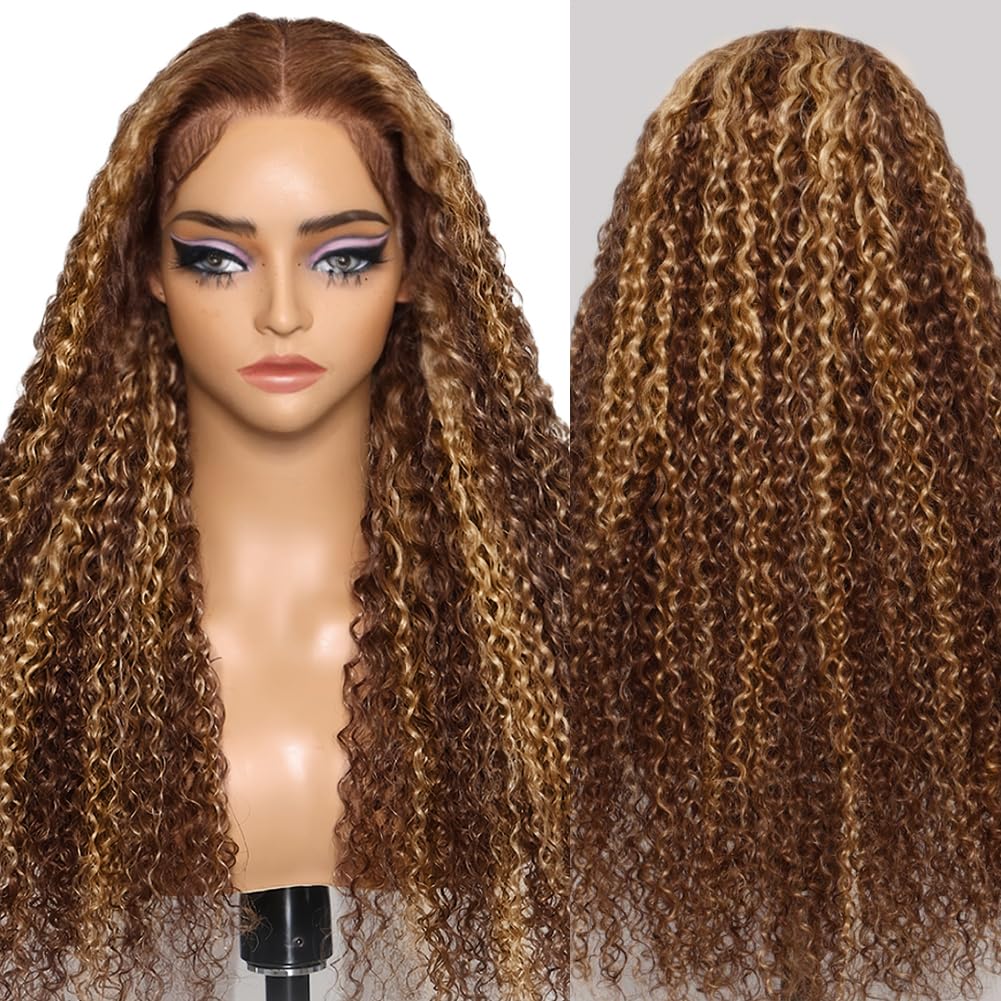 FABA Ombre Deep Wave Lace Front Wig 26 Inch 13X4 Honey Blonde Glueless Wigs Human Hair Brown Wig with Highlights 180% Density Hi