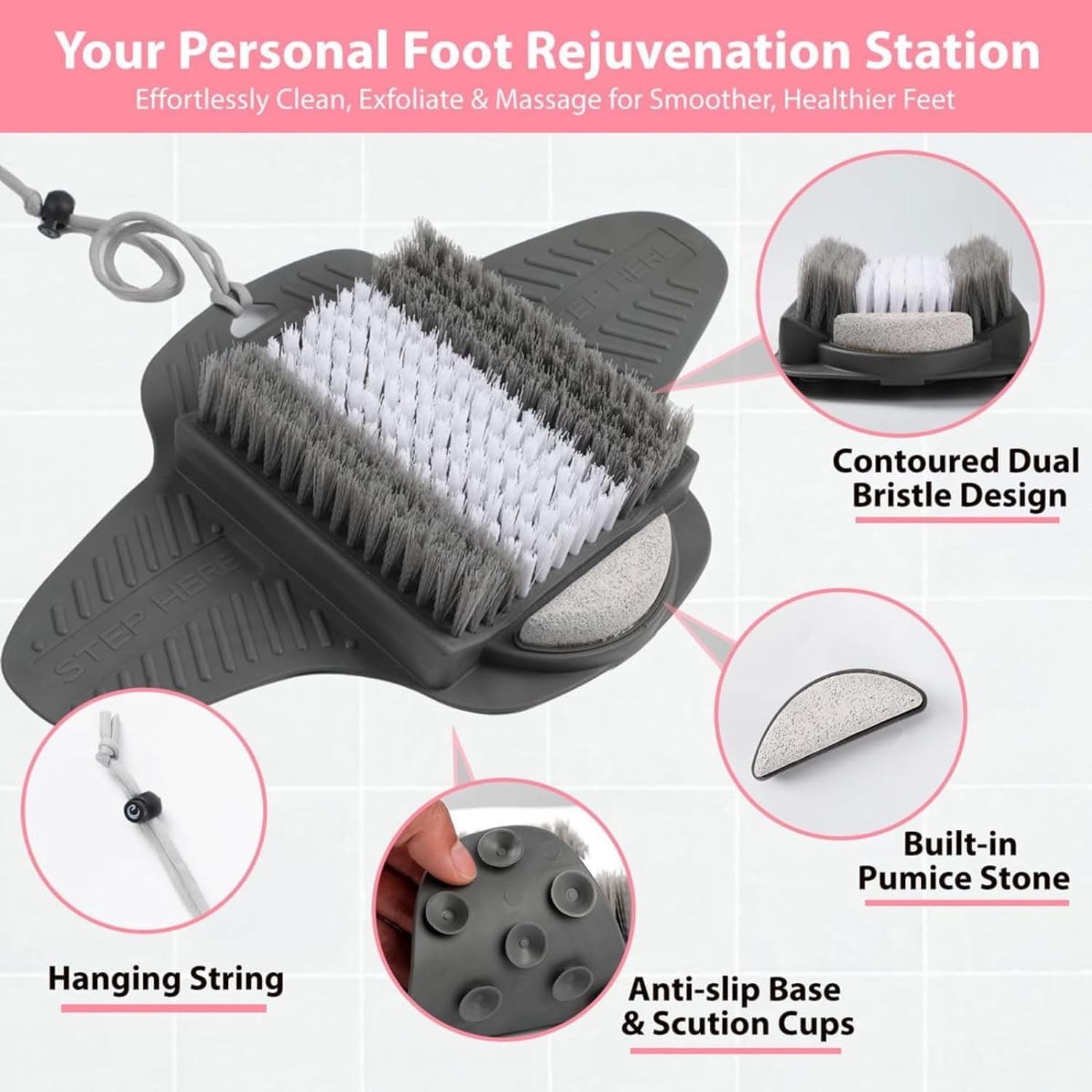 Efforest Shower Foot Scrubber Mat with Pumice Stone - Gray, Non-Slip Suction Cups, 1 Count, Model EFF-SFS-01-AMA