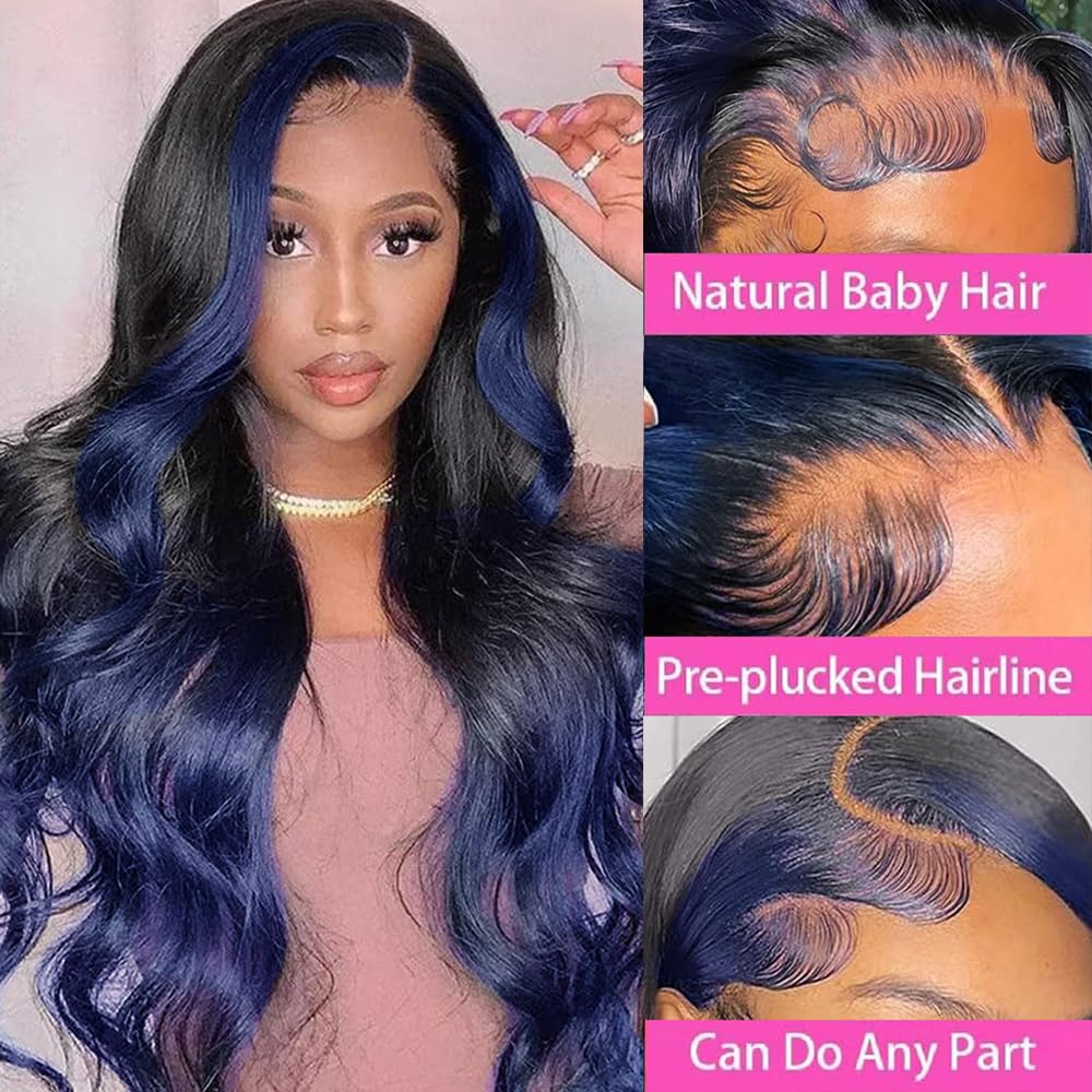 Yms Blue Human Hair Lace Front Wigs 180% Density Human Hair Wig For Women Blue And Black Ombre Lace Front Wigs Human Hair Body W