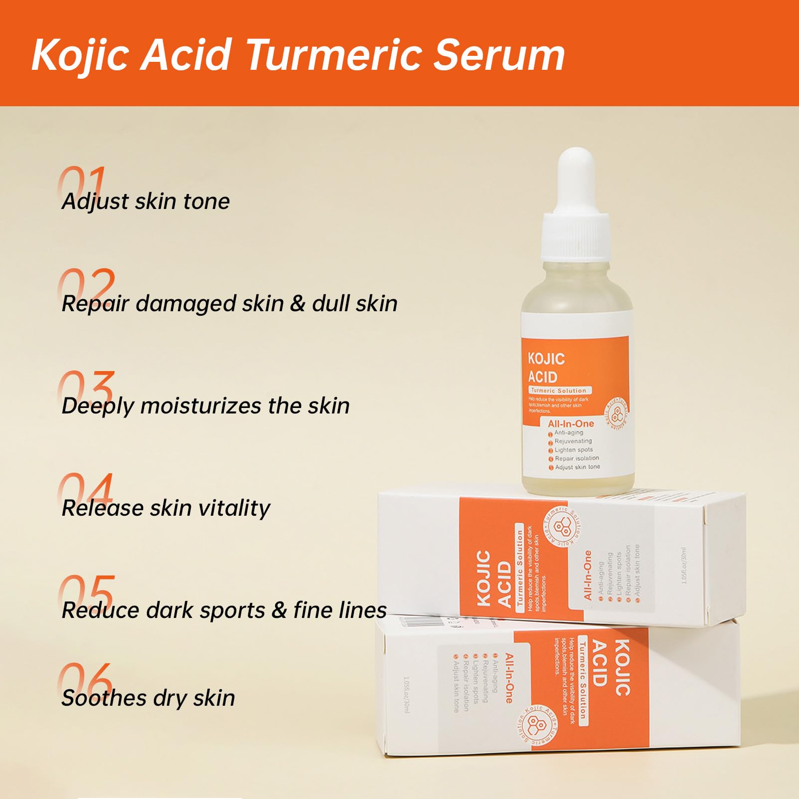 Kojic Acid Turmeric Serum For Dark Spot, 30 ML/ 1 PCS Moisturizing Kojic Acid Serum For Face, Natural Turmeric Face Serum For Fi